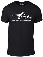 Men's Black T-shirt With a funny evolution showing a raptor turning in to a chicken Printed Design