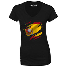 Reality Glitch Torn Spain Flag Womens T-Shirt - V-Neck