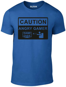 Men's Royal Blue T-Shirt With a Angry Gamer Warning Sign Printed Design