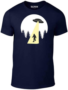 Men's Navy Blue T-shirt With a sasquatch and spaceship Printed Design