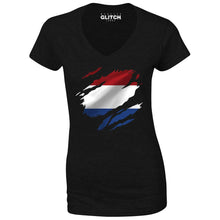 Reality Glitch Torn Netherlands Flag Womens T-Shirt - V-Neck
