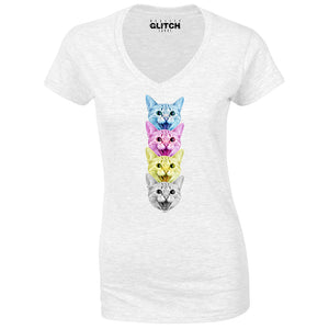 Reality Glitch CMYK Cat Womens T-Shirt - V-Neck