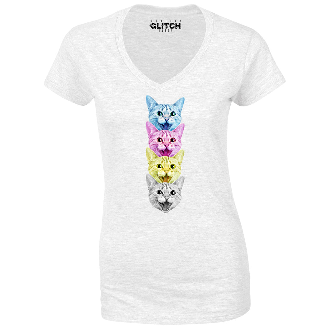 Reality Glitch CMYK Cat Womens T-Shirt - V-Neck