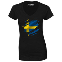 Reality Glitch Torn Sweden Flag Womens T-Shirt - V-Neck