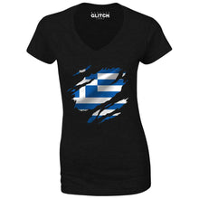 Reality Glitch Torn Greece Flag Womens T-Shirt - V-Neck