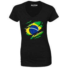 Reality Glitch Torn Brazil Flag Womens T-Shirt - V-Neck