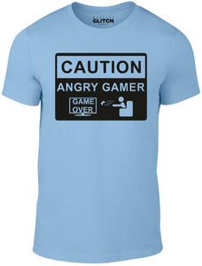 Men's Sky Blue T-Shirt With a Angry Gamer Warning Sign Printed Design