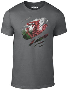 Men's Dark Grey T-Shirt With a Torn Wales flag Printed Design