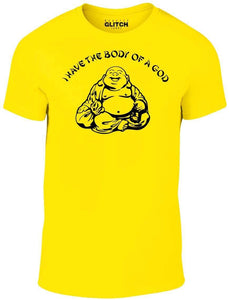 Men's Yellow T-Shirt With a I have the body of a god and image of a buddha Printed Design