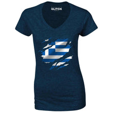 Reality Glitch Torn Greece Flag Womens T-Shirt - V-Neck