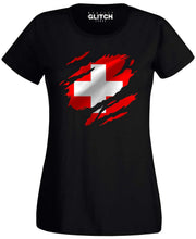 Reality Glitch Torn Switzerland Flag Womens T-Shirt