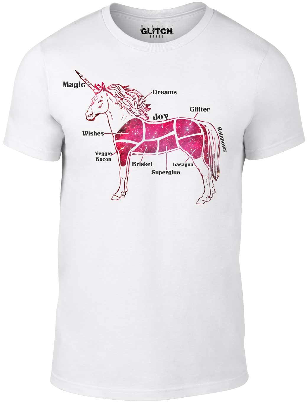 Men's White T-Shirt With a Unicorn diagram showing the butcher cuts Printed Design