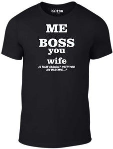 Men's Black T-shirt With a Funny Husband and Wife Slogan Printed Design