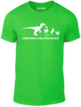 Men's Irish Green T-shirt With a funny evolution showing a raptor turning in to a chicken Printed Design
