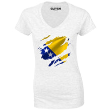 Reality Glitch Torn Bosnia Flag Womens T-Shirt - V-Neck