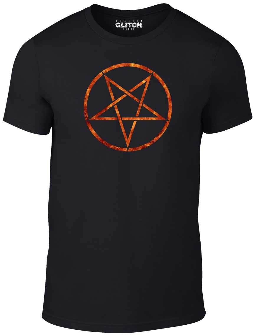 Men's Black T-Shirt With a Flaming Pentagram  Printed Design