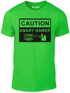 Men's Irish Green T-Shirt With a Angry Gamer Warning Sign Printed Design