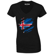 Reality Glitch Torn Iceland Flag Womens T-Shirt - V-Neck