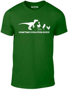 Men's Bottle Green T-shirt With a funny evolution showing a raptor turning in to a chicken Printed Design