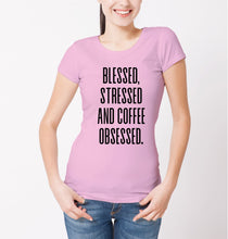 Reality Glitch Blessed, Stressed and Coffee Obsessed Womens T-Shirt