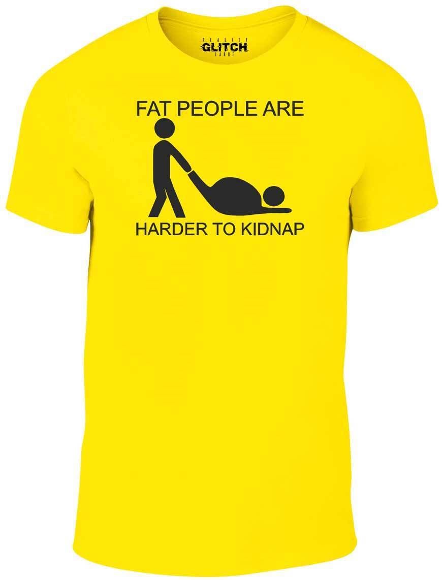 Men's Yellow T-Shirt With a Fat person laying down and a thin person trying to drag them Printed Design