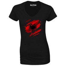 Reality Glitch Torn Albania Flag Womens T-Shirt - V-Neck
