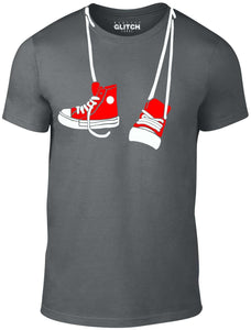 Men's Dark Grey T-Shirt With a  Hanging Red and White Trainers  Printed Design
