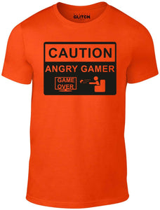 Men's Orange T-Shirt With a Angry Gamer Warning Sign Printed Design