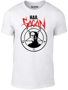 Men's White T-Shirt With a Image of Carl Sagan and Hail Sagan Slogan Printed Design