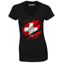 Reality Glitch Torn Switzerland Flag Womens T-Shirt - V-Neck