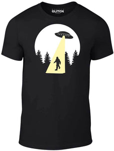 Men's Black T-shirt With a sasquatch and spaceship Printed Design