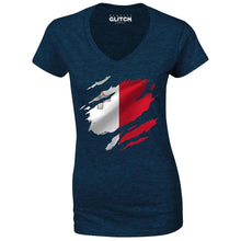 Reality Glitch Torn Malta Flag Womens T-Shirt - V-Neck