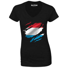 Reality Glitch Torn Luxembourg Flag Womens T-Shirt - V-Neck