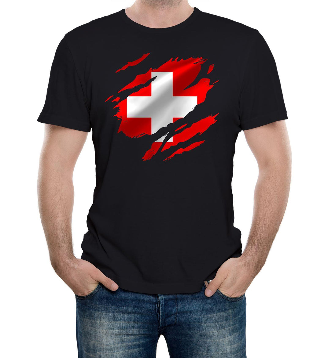 Reality Glitch Torn Switzerland Flag Mens T-Shirt