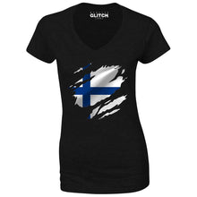 Reality Glitch Torn Finland Flag Womens T-Shirt - V-Neck