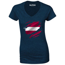 Reality Glitch Torn Latvia Flag Womens T-Shirt - V-Neck