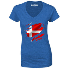 Reality Glitch Torn Denmark Flag Womens T-Shirt - V-Neck