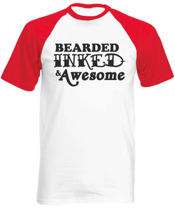 Men's White/Red T-Shirt With a Bearded, Inked & Awesome Baseball Shirt Short Sleeve Printed Design