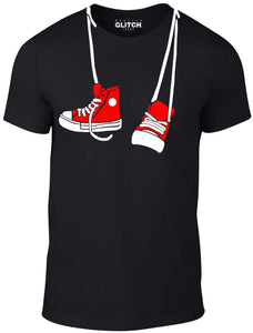 Men's Black T-Shirt With a  Hanging Red and White Trainers  Printed Design