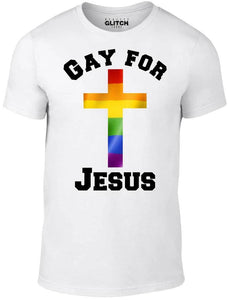 Men's White T-Shirt With a Gay for Jesus and rainbow cross Printed Design