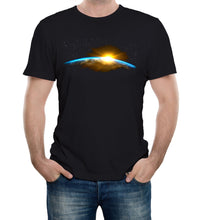 Men's Black T-Shirt showing the sun rising above the earth viewed from the earth's atmosphere
