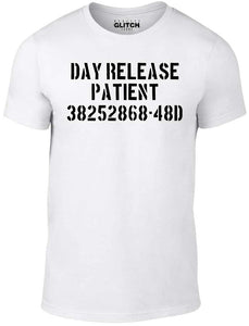 Men's White T-Shirt With a Day Release Patient Slogan Printed Design