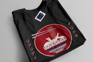 Black Mens T-Shirt with Printed Design showing Ramen Bowl and Kanji
