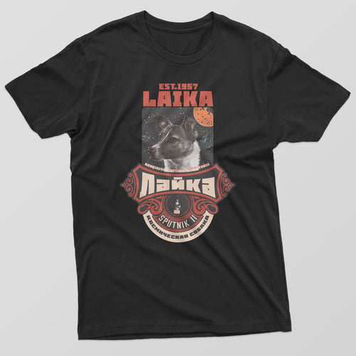 Mens Black Printed T-Shitrt with Image of Laika The First Dog in Space