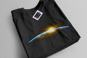 Men's Black T-Shirt showing the sun rising above the earth viewed from the earth's atmosphere