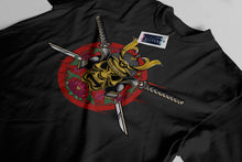 Black Mens T-Shirt with Printed Design showing Samurai Mask and twin swords