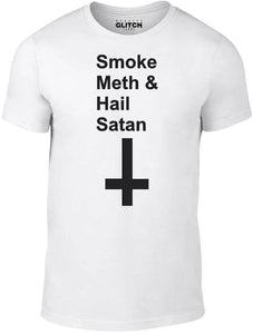 Men's White T-Shirt With a Smoke Meth and Hail Satan Slogan Printed Design