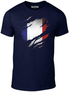 Men's Navy Blue T-Shirt With a Torn France Flag Printed Design