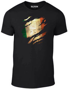 Men's Black T-Shirt With a Torn Ireland Flag Printed Design