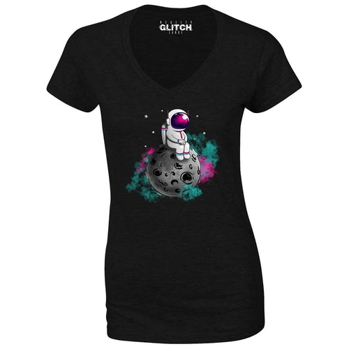 Reality Glitch Spaceman Moon Womens T-Shirt - V-Neck